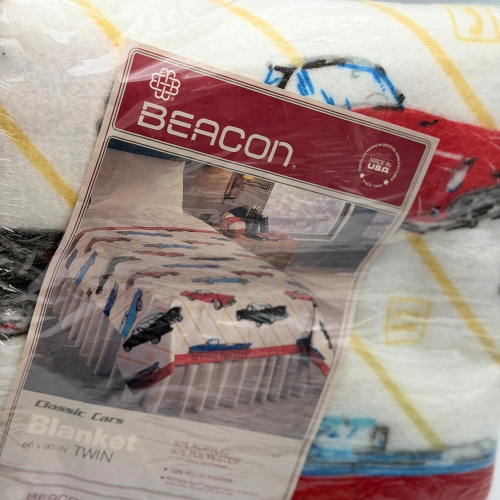 Beacon Classic Cars Twin‎ Blanket Vintage Made in USA 66x90 Red Blue White New
